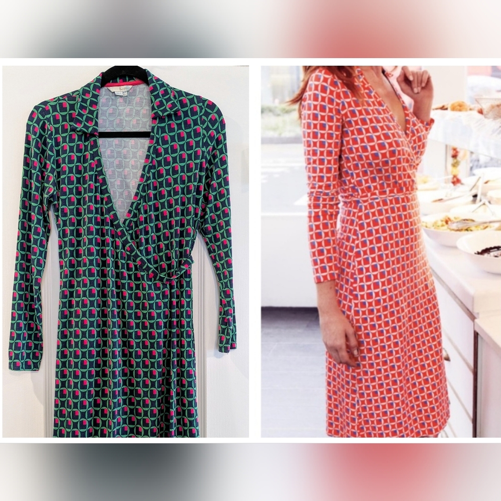 Boden Long Sleeve Geometric Green Navy Pink Print Wrap Dress Size 6P Resortwear
